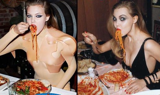 модели едят спагетти 